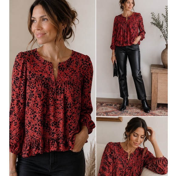 XiRENA Tops - Xirena Scarlet Blouse Women Size M Red Black Animal Print Cotton Ruffle Office